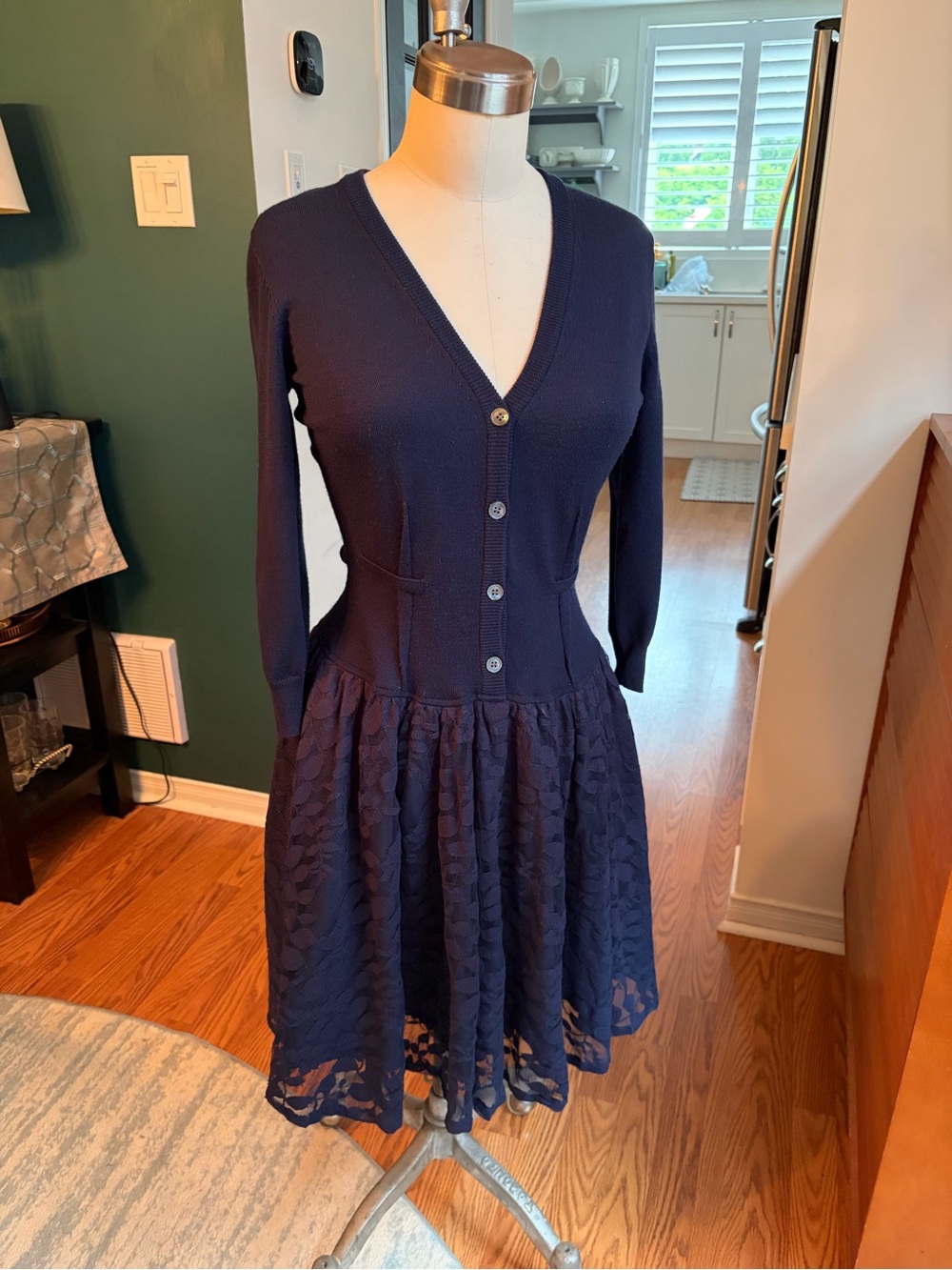 Pink Tartan Navy V-Neck Knit & Lace Fit-and-Flare Dress